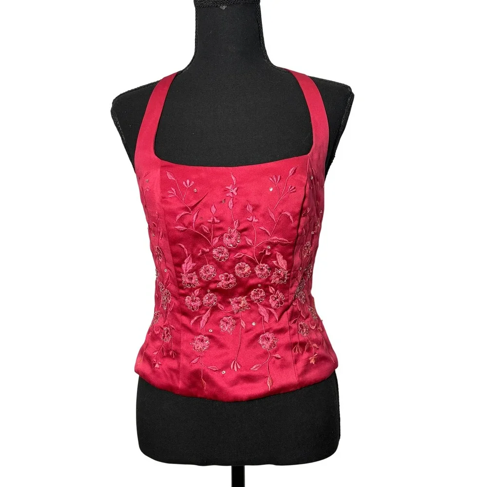 Womens Red Satin Halter Corset Top Small Embroidered Beaded Y2K Coquette Party